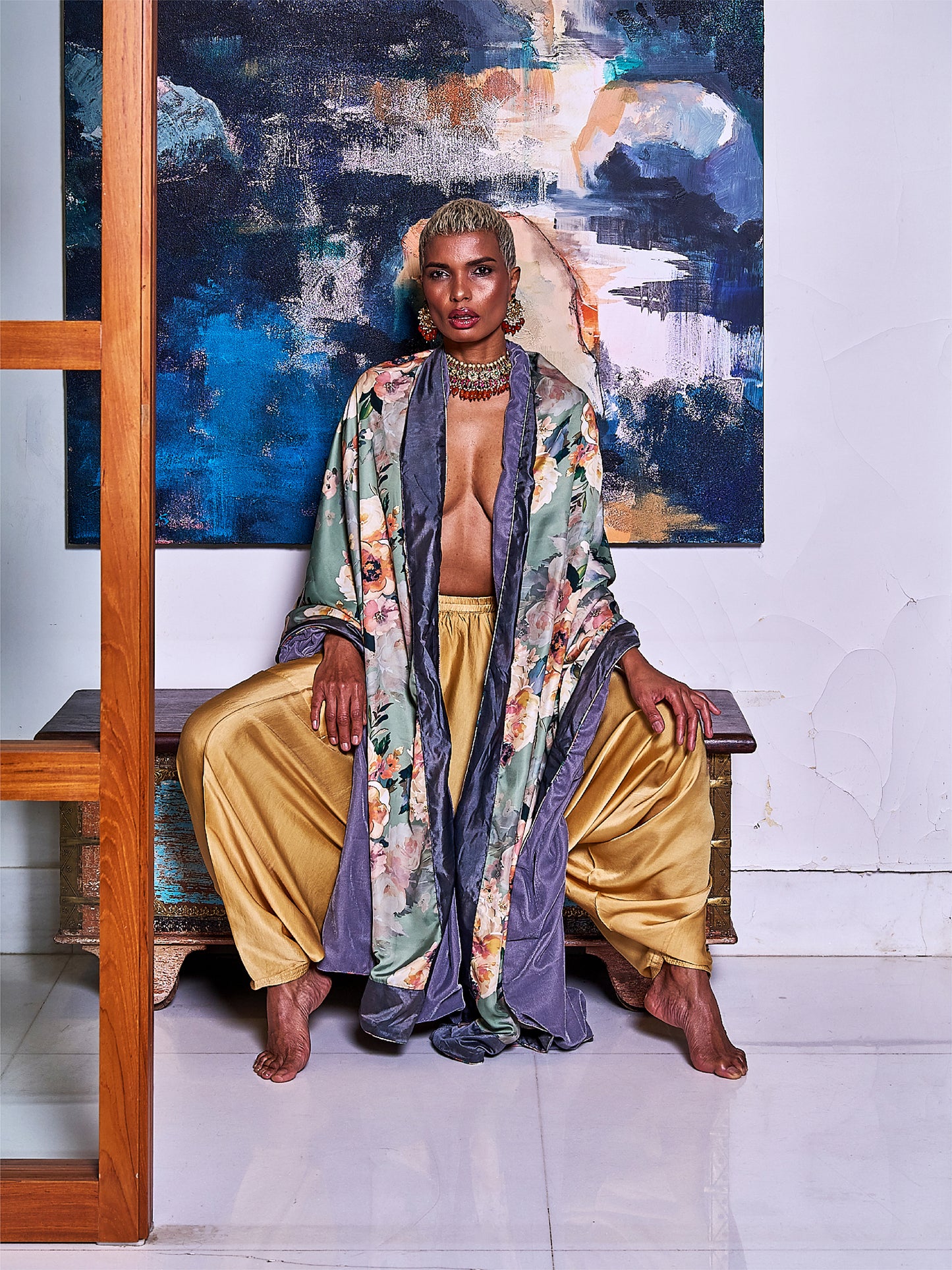 Beige Satin Silk Dhoti Pants