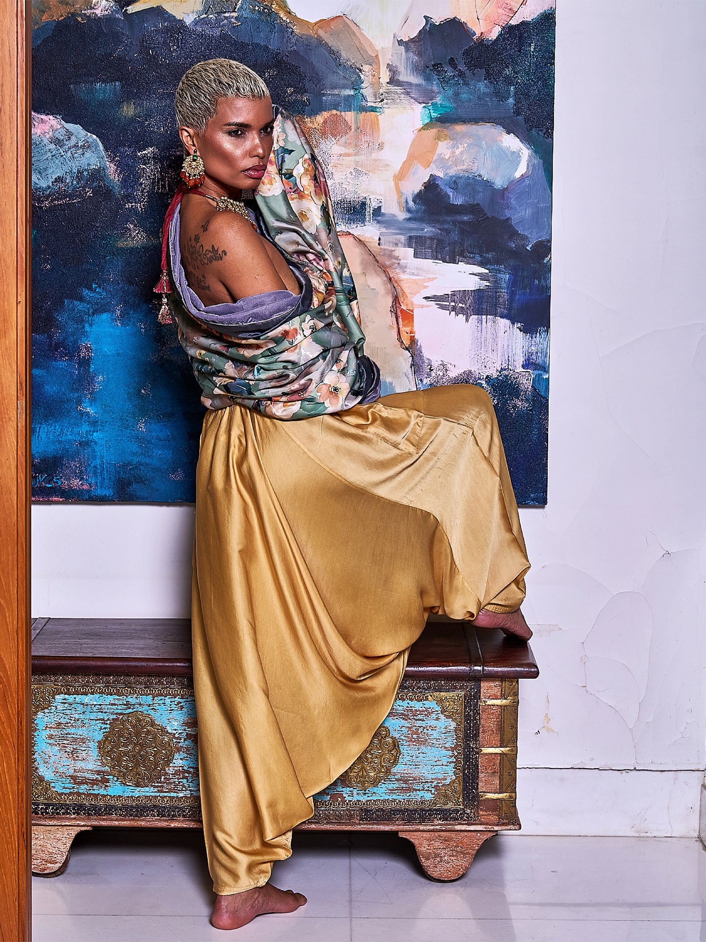 Beige Satin Silk Dhoti Pants