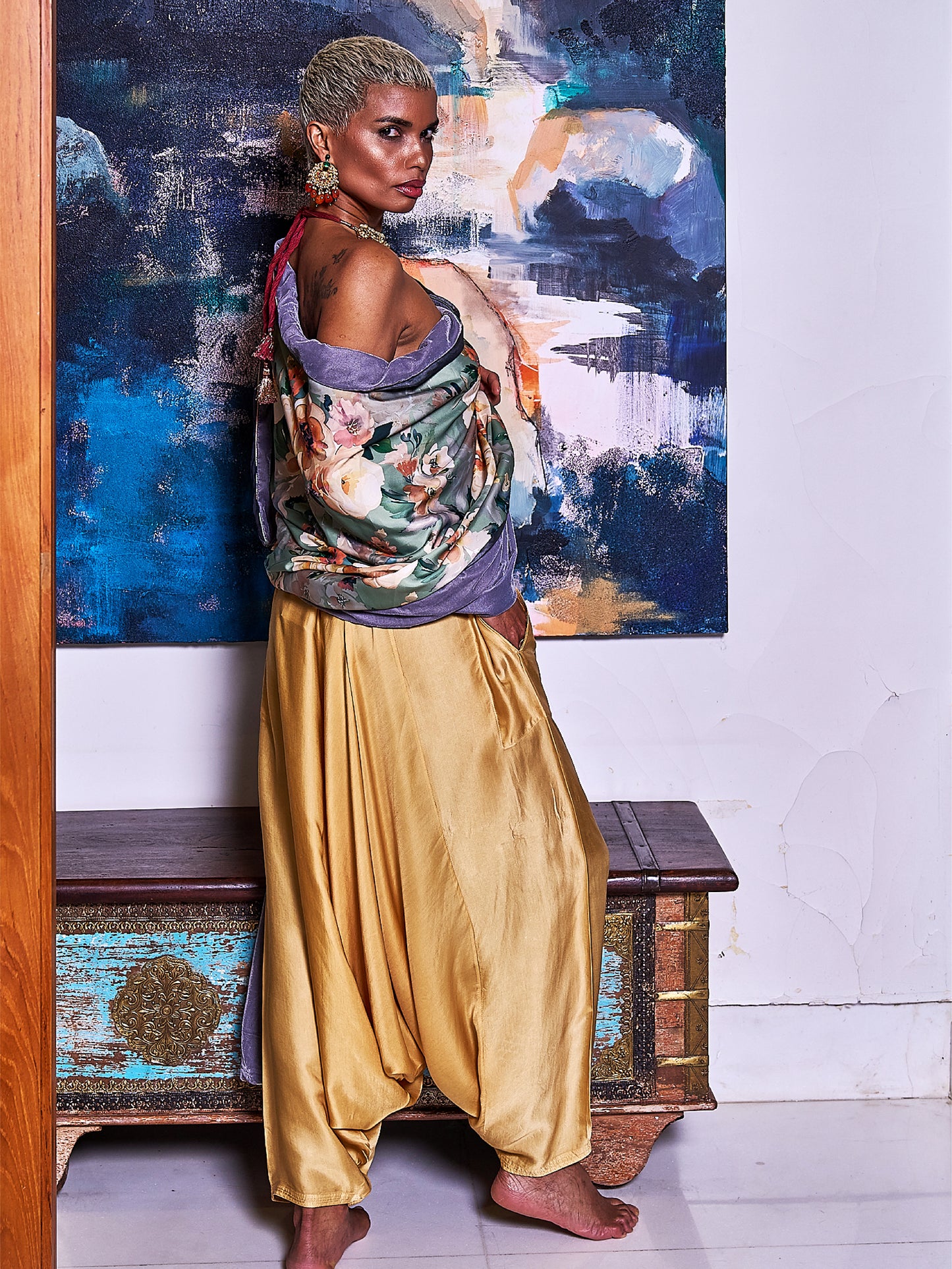 Beige Satin Silk Dhoti Pants