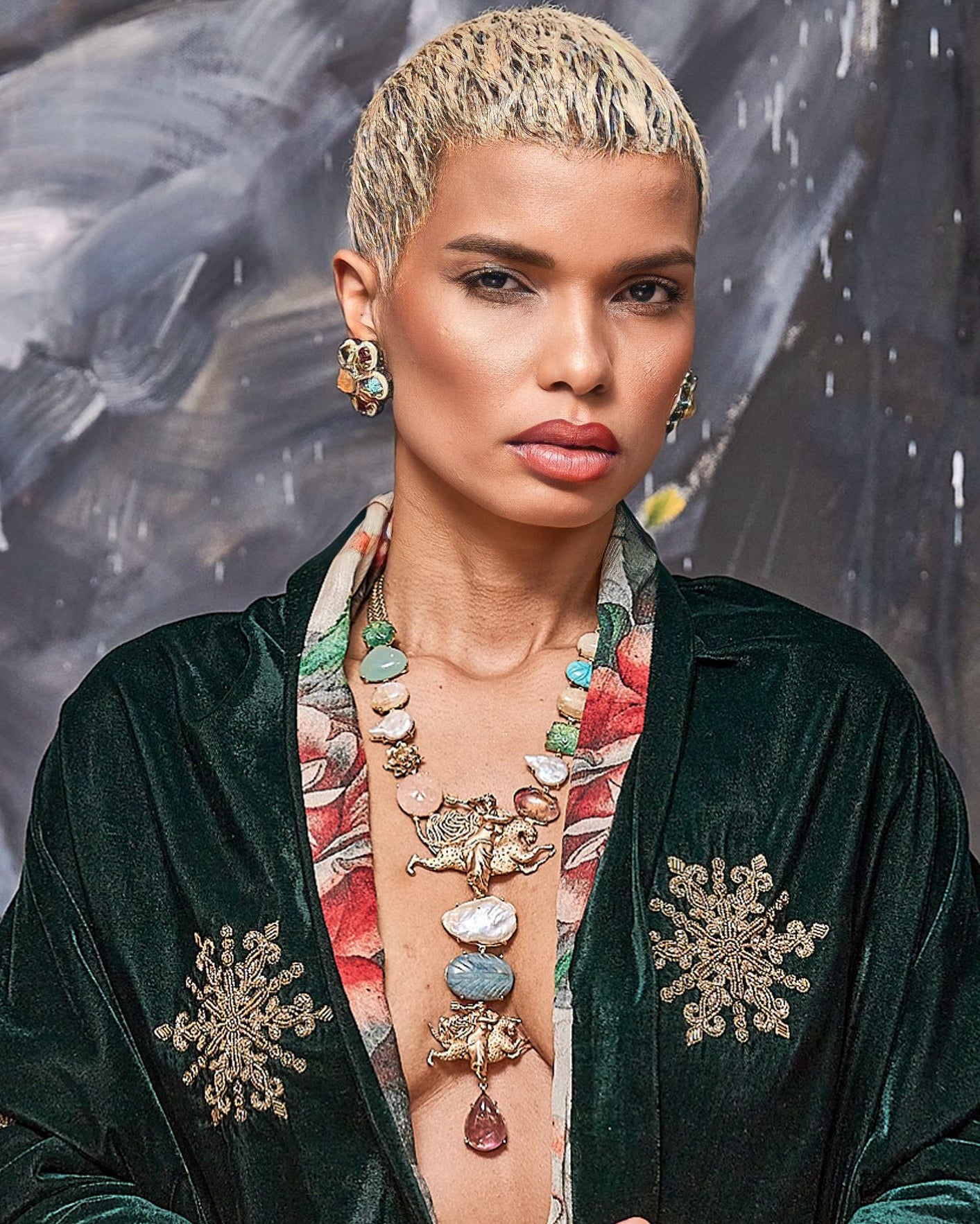 Mother of Pearl and Natural Stones Long Necklace with Madame Sibarita Logo