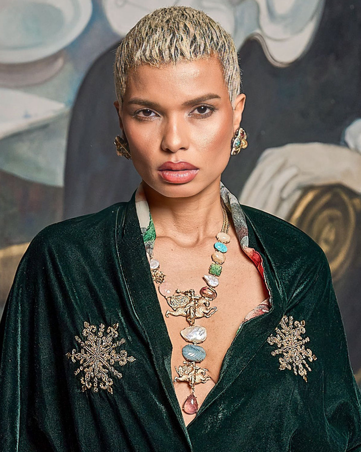 Mother of Pearl and Natural Stones Long Necklace with Madame Sibarita Logo