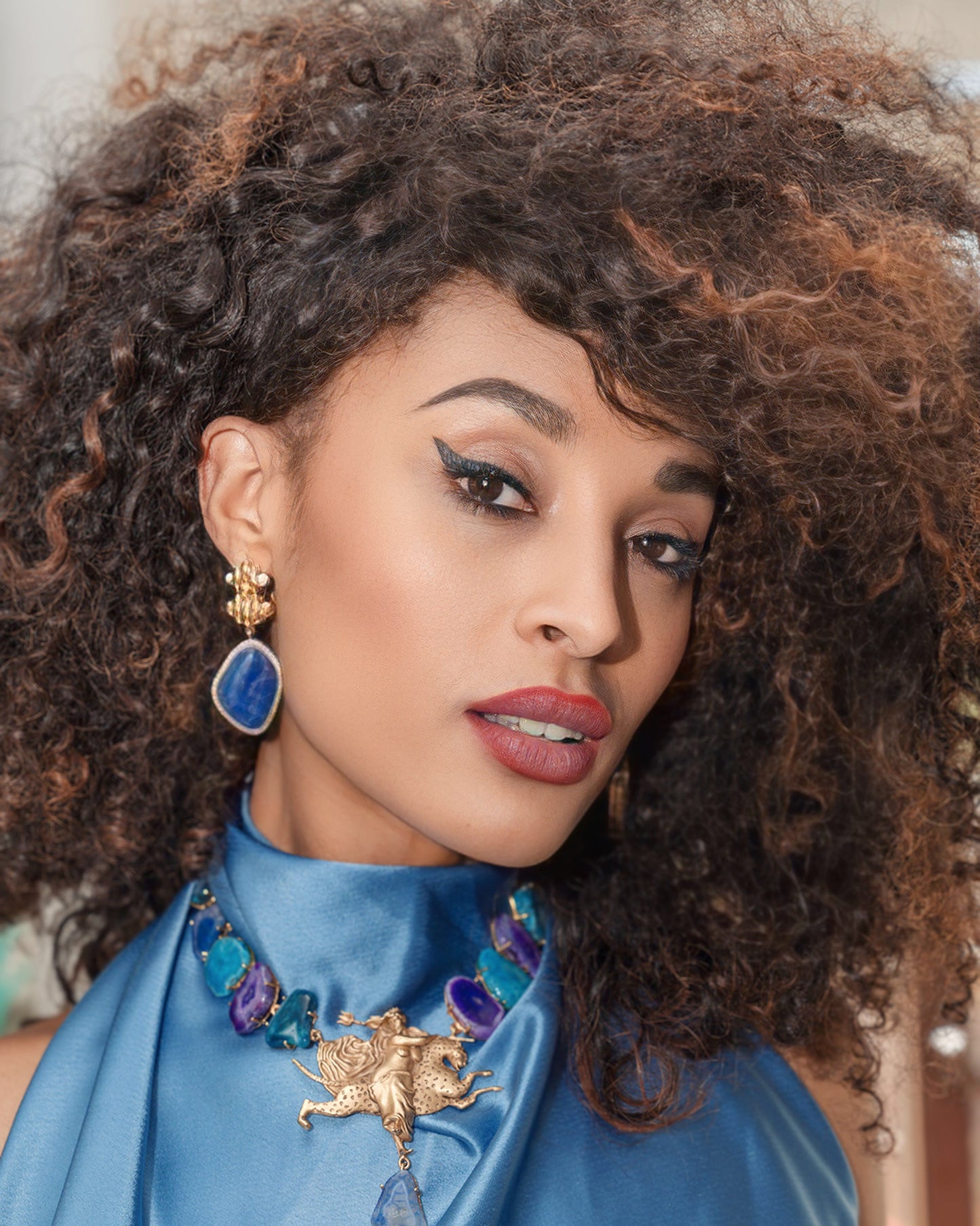 Midi Lenght Gold Finish Lapis Stones Necklace with Madame Sibarita Brass Logo