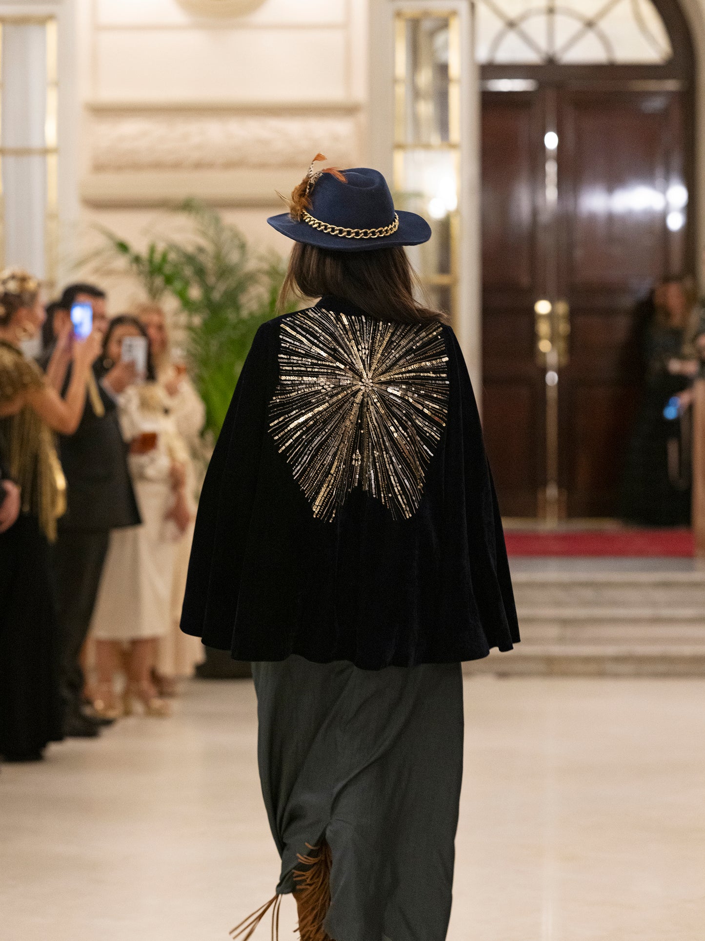 Navy Blue Velvet And Silk Embroidered Short Cape