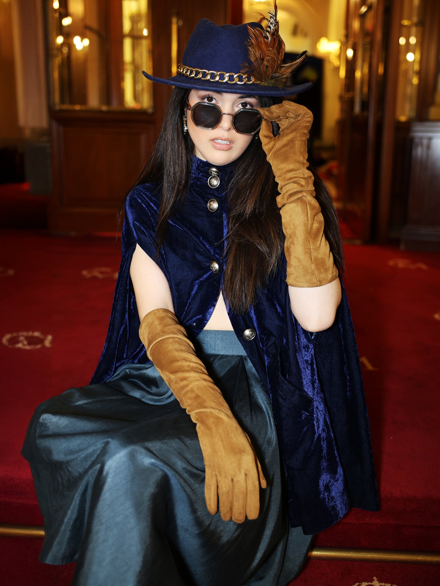 Navy Blue Velvet And Silk Embroidered Short Cape