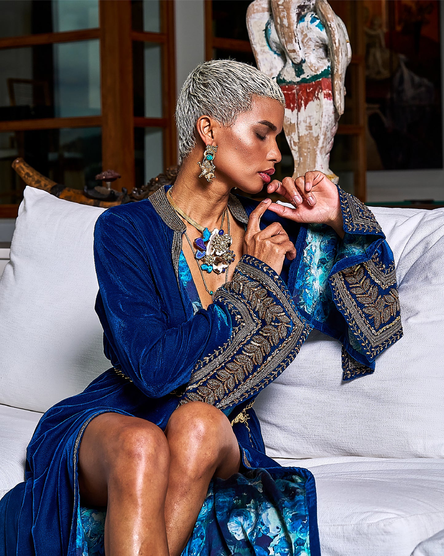 Teal Blue Velvet And Silk Rumal Sleeves Embroidered Jacket