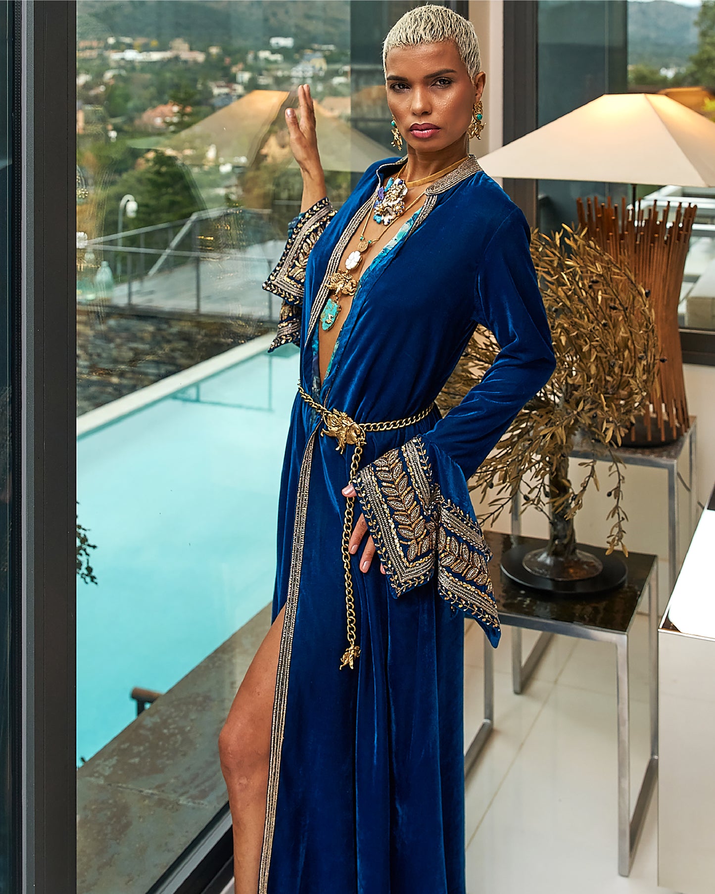 Teal Blue Velvet And Silk Rumal Sleeves Embroidered Jacket