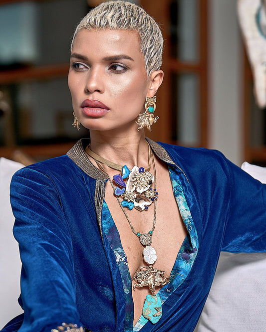Mother of Pearl Turquoise and Natural Stones Long Necklace with Madame Sibarita Logo