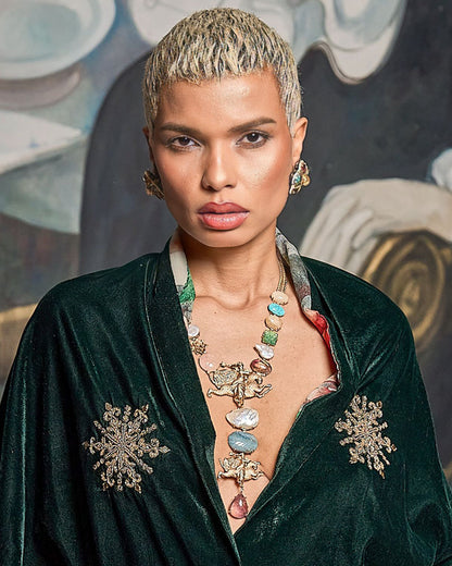 Mother of Pearl and Natural Stones Long Necklace with Madame Sibarita Logo