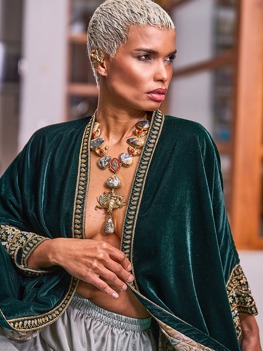 Emerald Green Velvet And Silk Abaya Embroidered Jacket