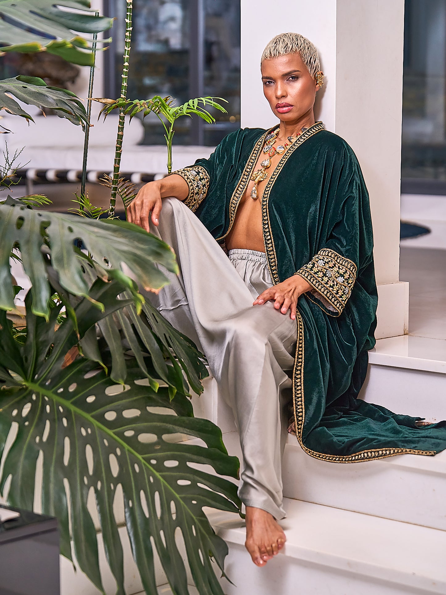 Emerald Green Velvet And Silk Abaya Embroidered Jacket