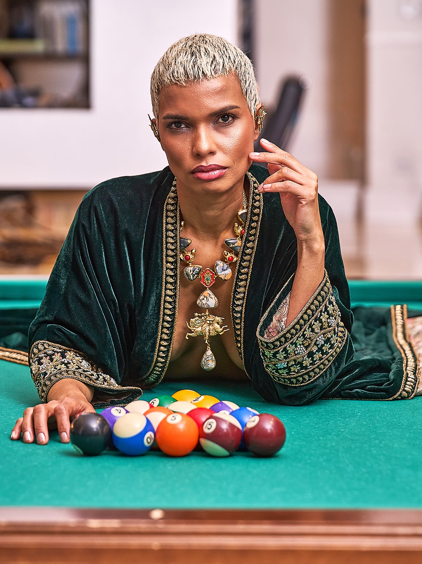 Emerald Green Velvet And Silk Abaya Embroidered Jacket