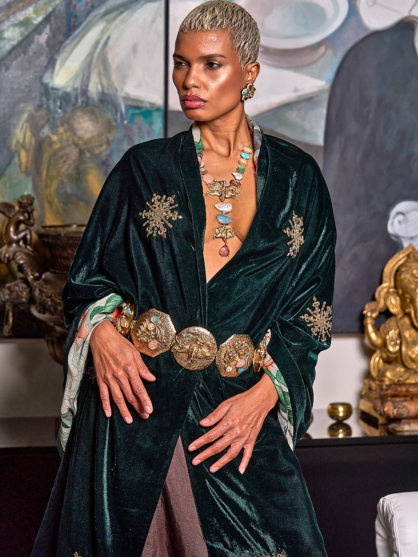 Green Embroidered Velvet Shawl