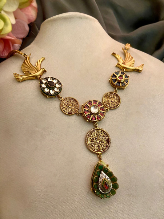 Flying Birds Necklace with Coloured Stone