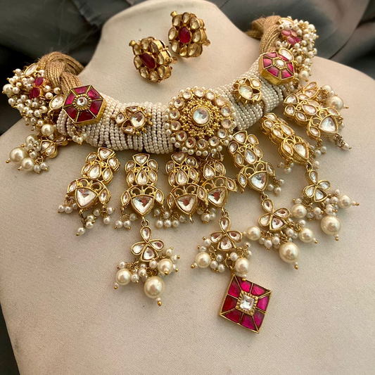 Kundan Crystal Necklace in Jute Base with Earrings
