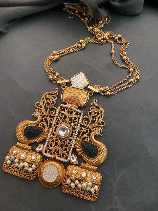 Gold Finish Black Synthetic Stone Long Pendant Necklace