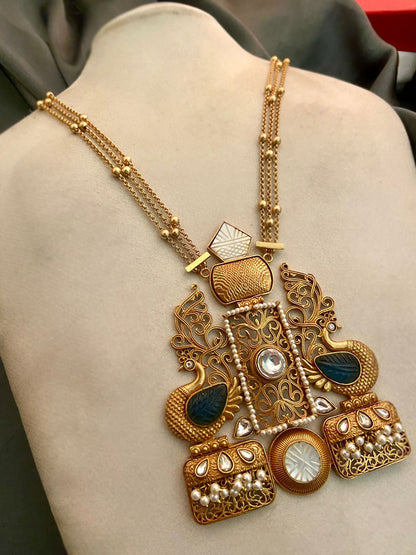Gold Finish Black Synthetic Stone Long Pendant Necklace