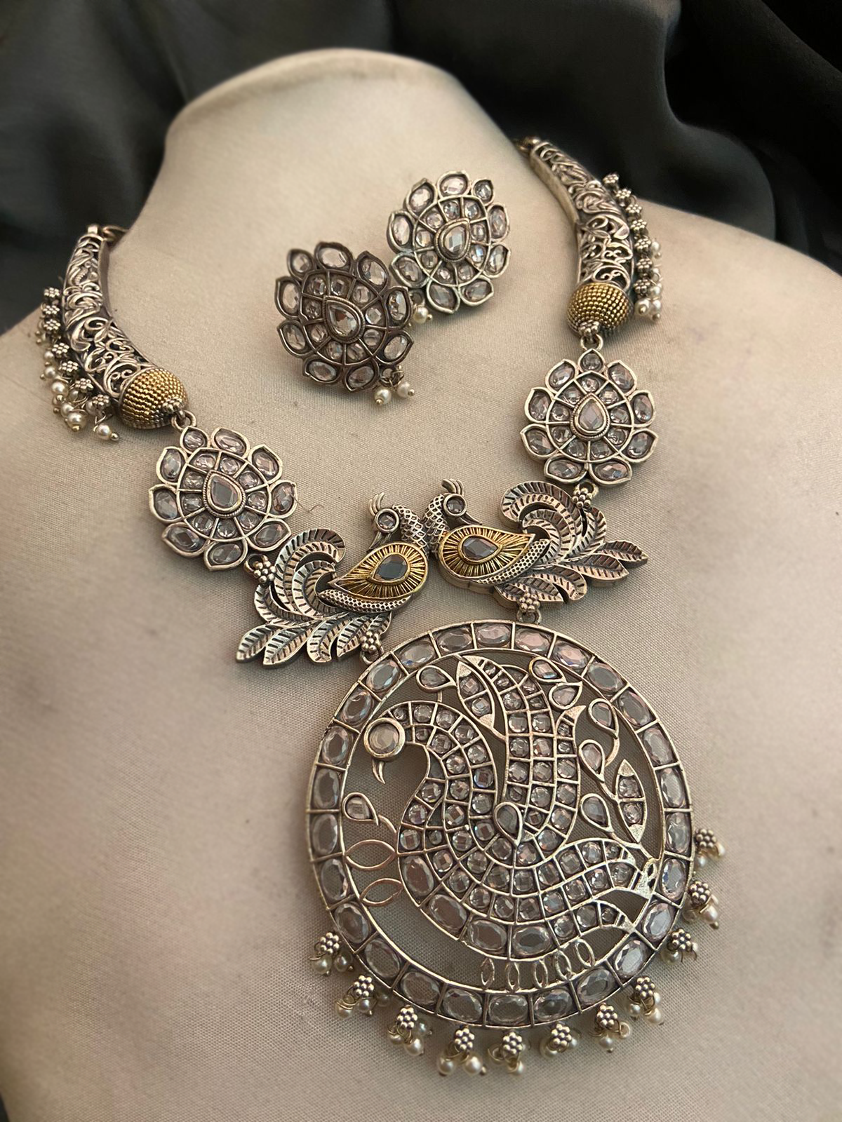 Antique Silver Polish Necklace and Earrings with Crystal Detailing