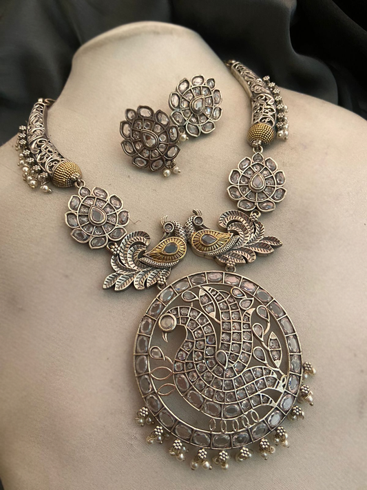 Antique Silver Polish Necklace and Earrings with Crystal Detailing