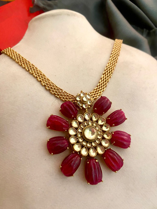 Carved Ruby Stones & Kundan Crystal Detailing Necklace
