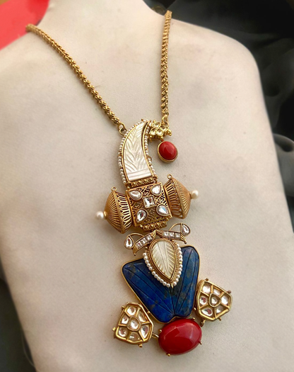 Gold Finish Lapis Stone & Kundan Polki Long Necklace