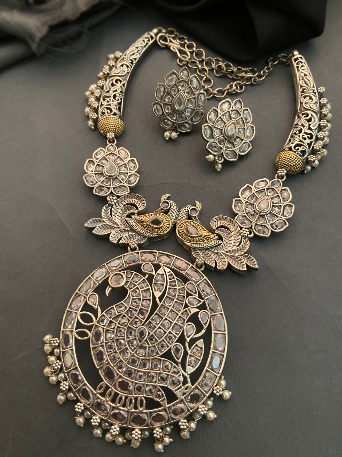 Antique Silver Polish Necklace and Earrings with Crystal Detailing
