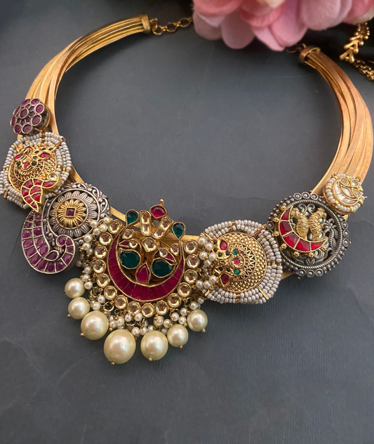 Carved Silver Motifs and Coloured Stone Detailing Necklace