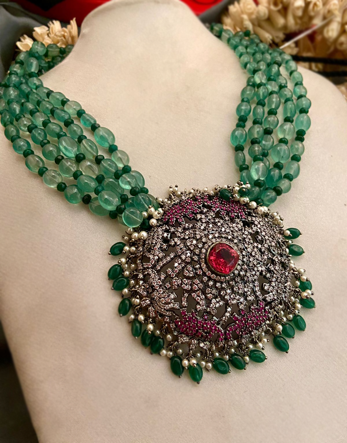 String Necklace in Green Quartz Beads with Cubic Zirconium Detailing