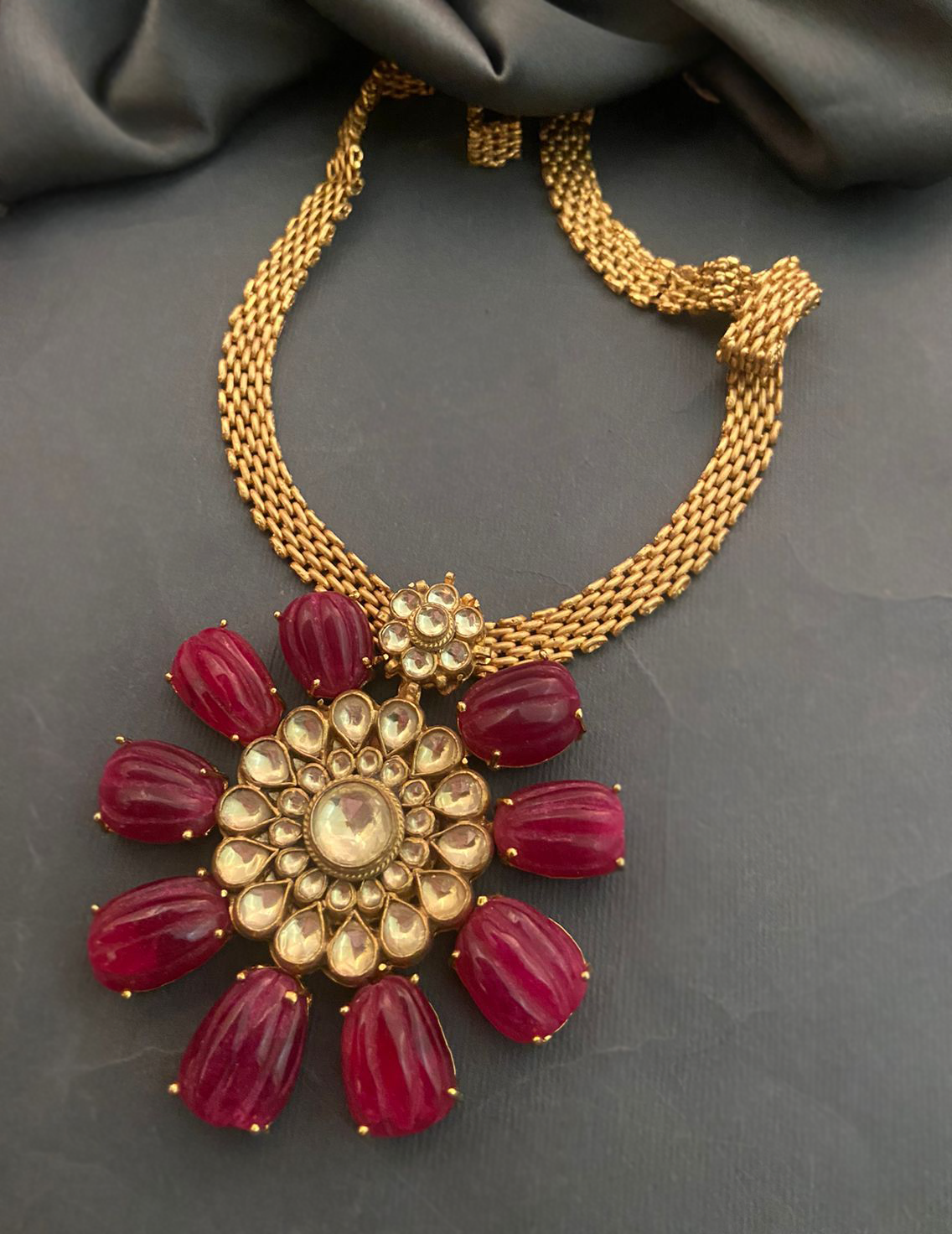Carved Ruby Stones & Kundan Crystal Detailing Necklace