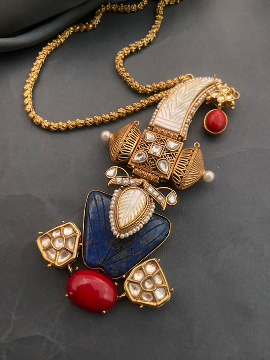 Gold Finish Lapis Stone & Kundan Polki Long Necklace