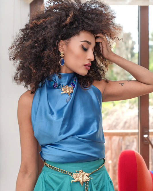 Midi Lenght Gold Finish Lapis Stones Necklace with Madame Sibarita Brass Logo