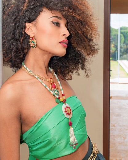 Long Necklace with Green and Ruby Quartz Detailing with Fringes