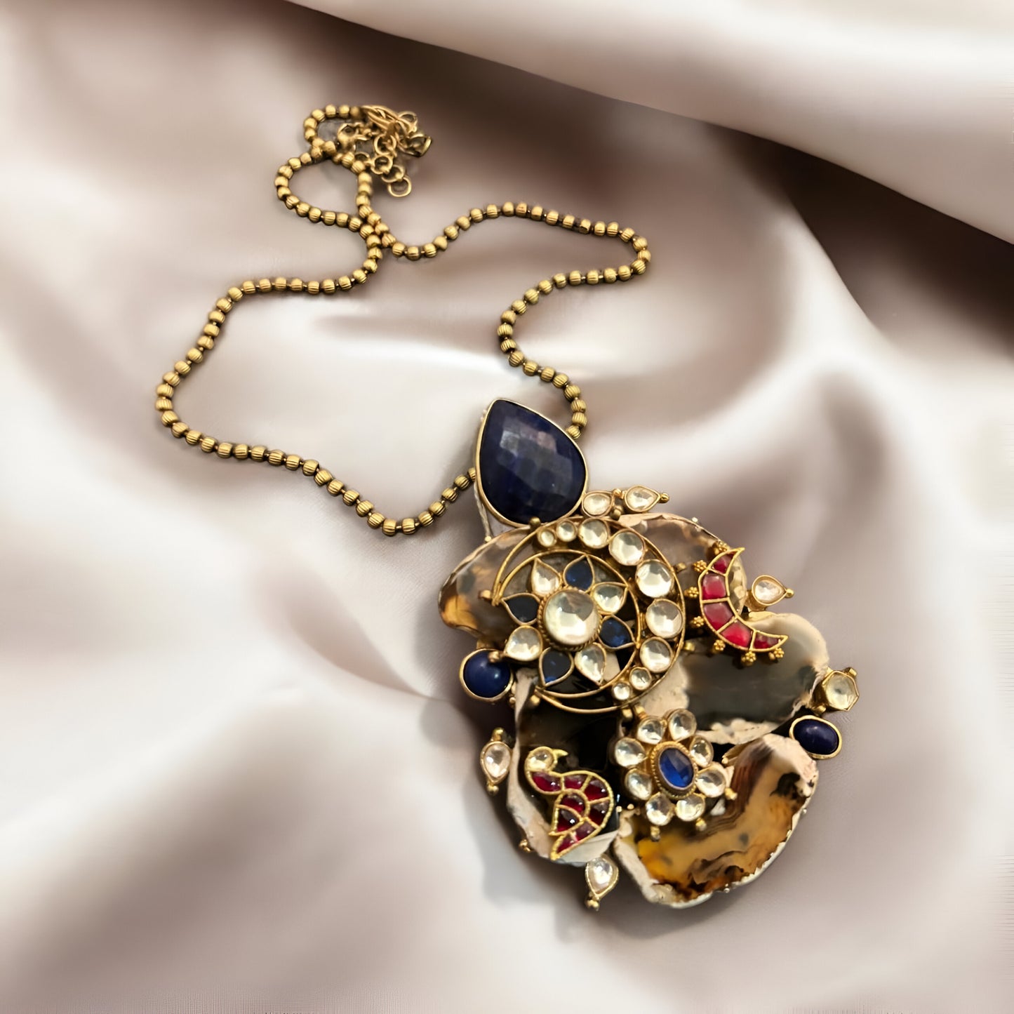 Agate Stones with a Lapis Top Necklace and Earrings