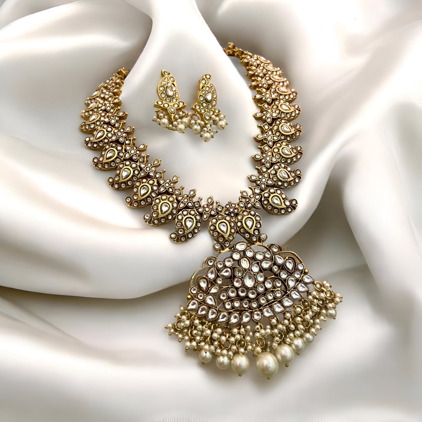 Kundan Crystal with Pearl Detailing Necklace & Earrings