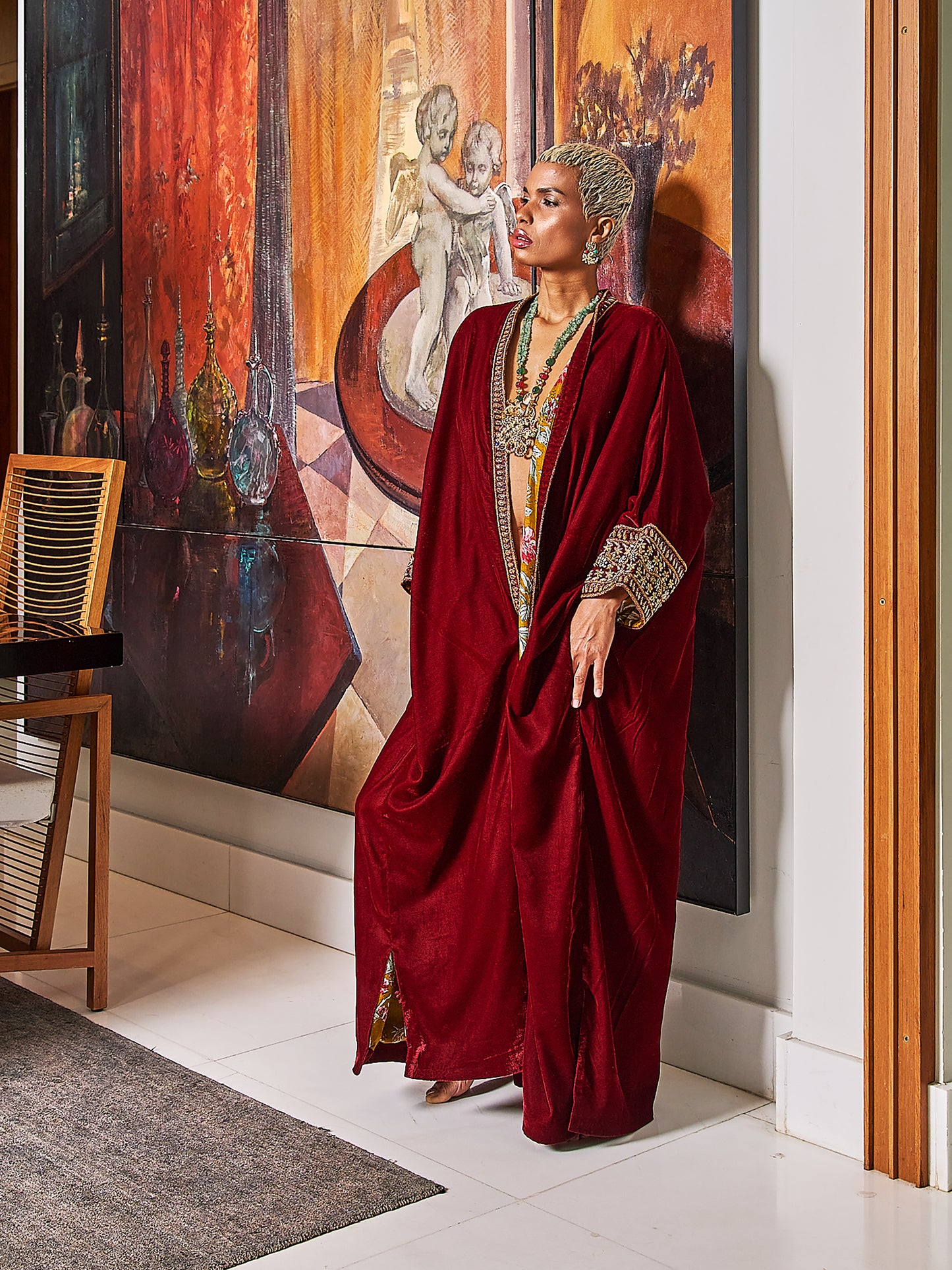 Maroon Velvet And Silk Abaya Embroidered Jacket