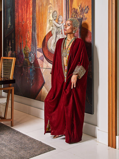 Maroon Velvet And Silk Abaya Embroidered Jacket
