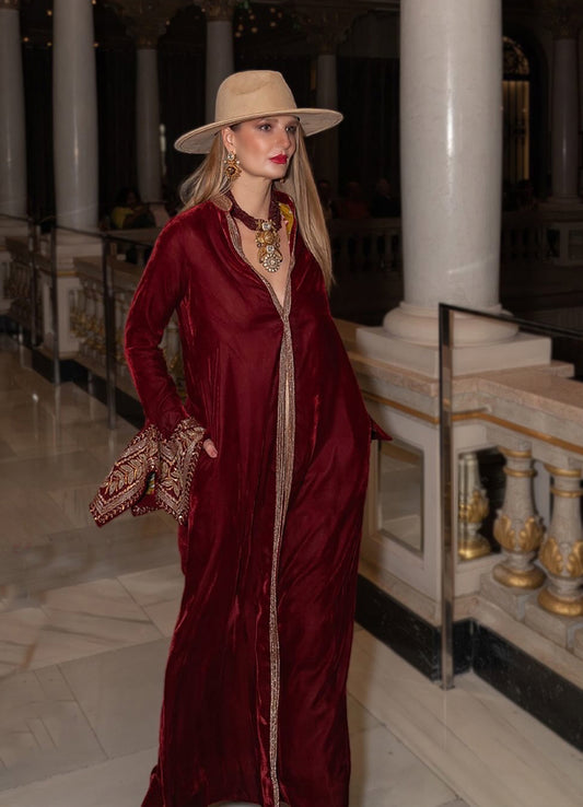 Maroon Velvet And Silk Rumal Sleeves Embroidered Jacket