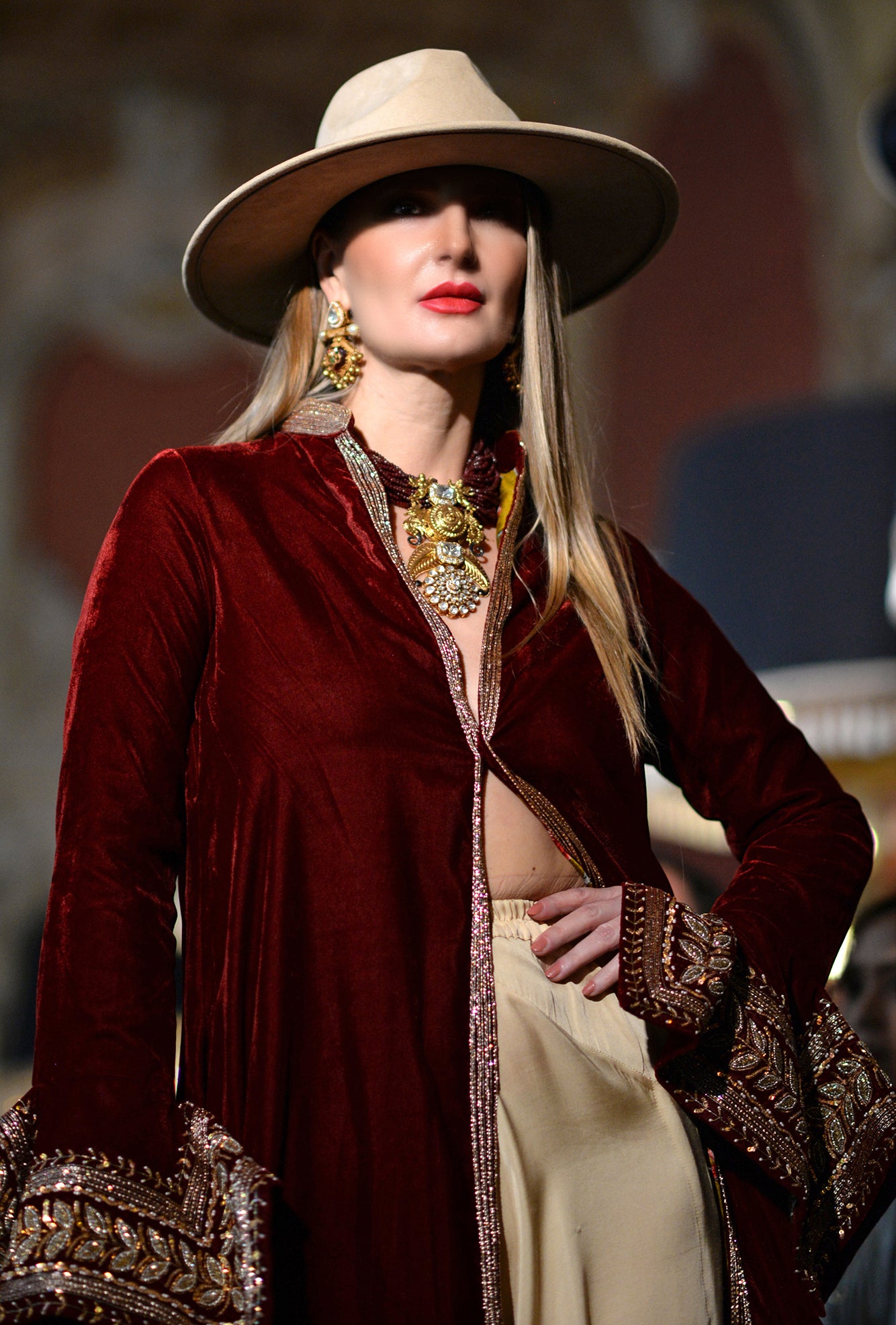 Maroon Velvet And Silk Rumal Sleeves Embroidered Jacket