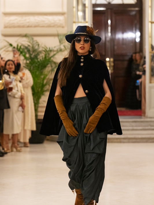 Navy Blue Velvet And Silk Embroidered Short Cape
