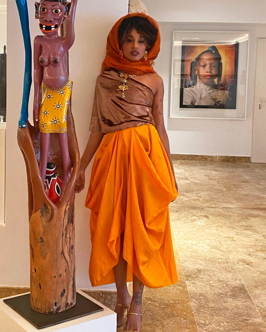 Orange Cowl Silk Skirt