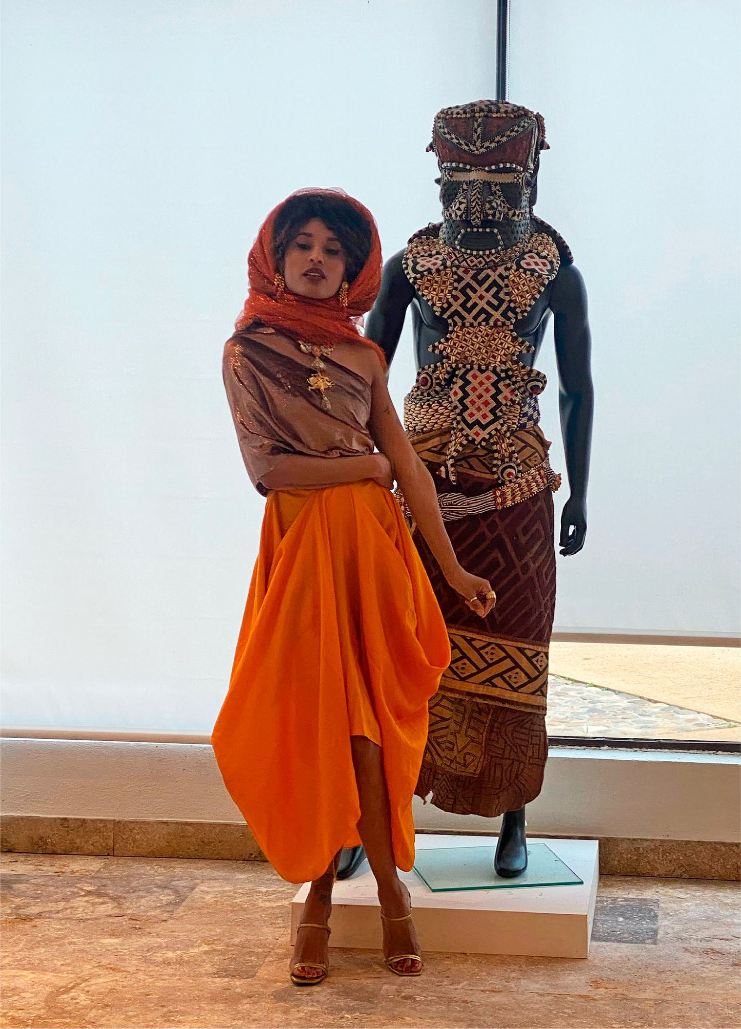 Orange Cowl Silk Skirt