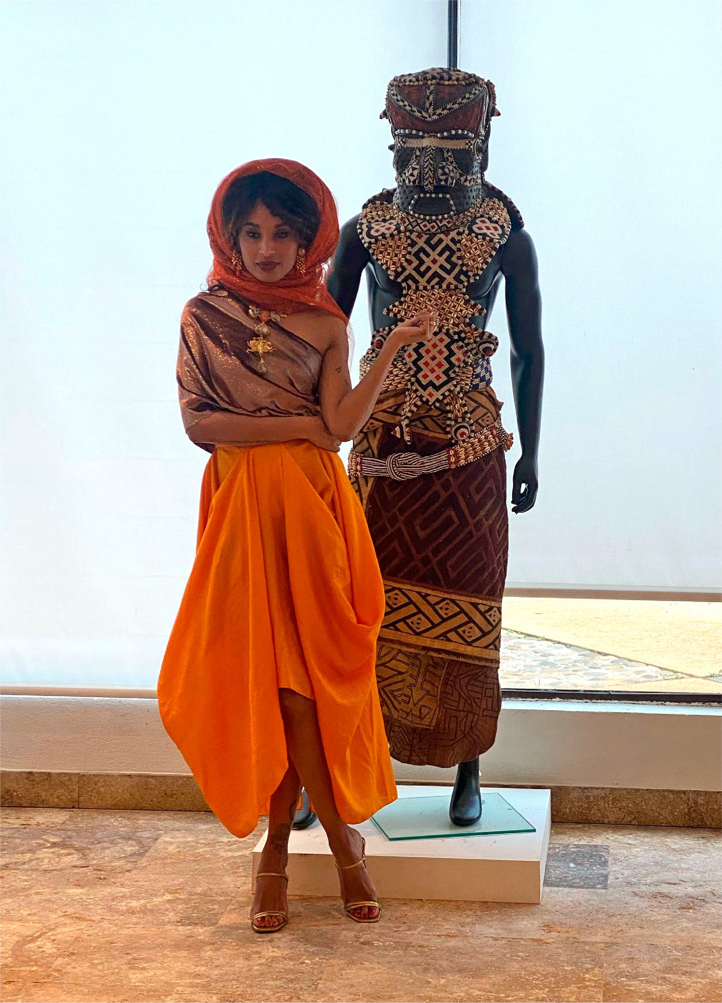 Orange Cowl Silk Skirt