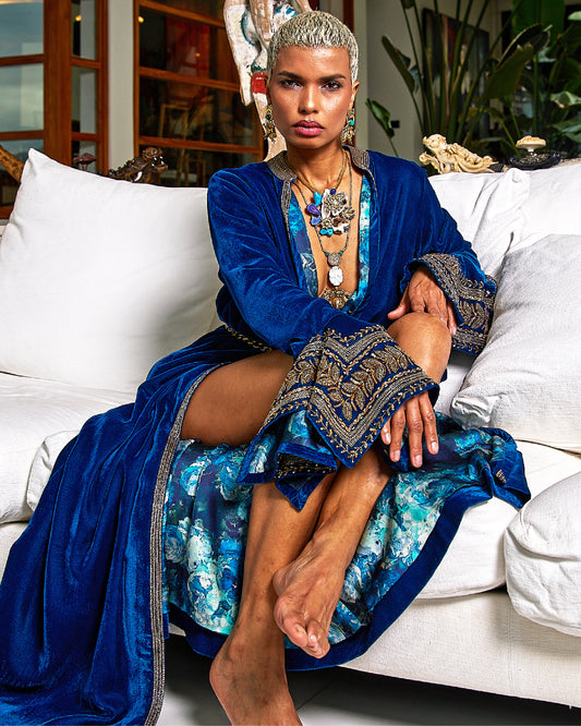 Teal Blue Velvet And Silk Rumal Sleeves Embroidered Jacket