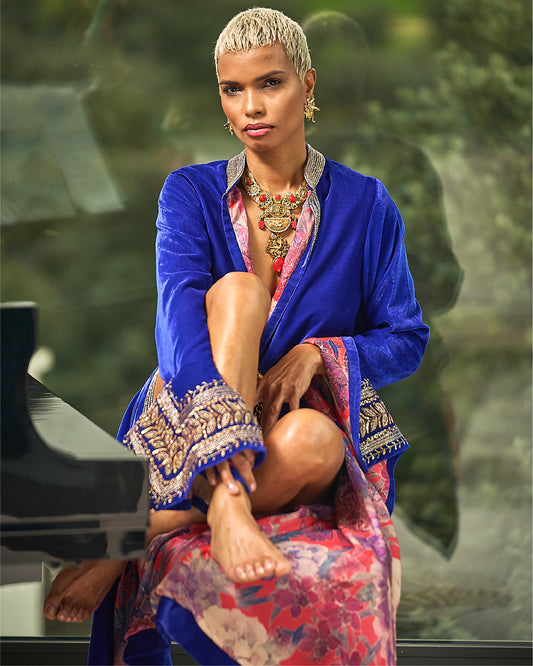 Royal Blue Velvet And Silk Rumal Sleeves Embroidered Jacket