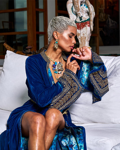 Teal Blue Velvet And Silk Rumal Sleeves Embroidered Jacket