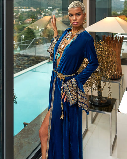 Teal Blue Velvet And Silk Rumal Sleeves Embroidered Jacket