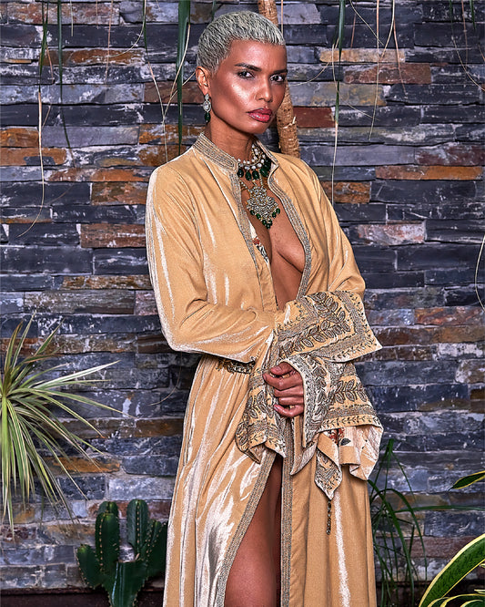 Beige Velvet And Silk Rumal Sleeves Embroidered Jacket